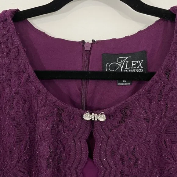NEW Alex Evenings Purple One‎ Piece Lace Jacket 3/4 Sleeve Cocktail Dress 14 - Picture 4 of 11